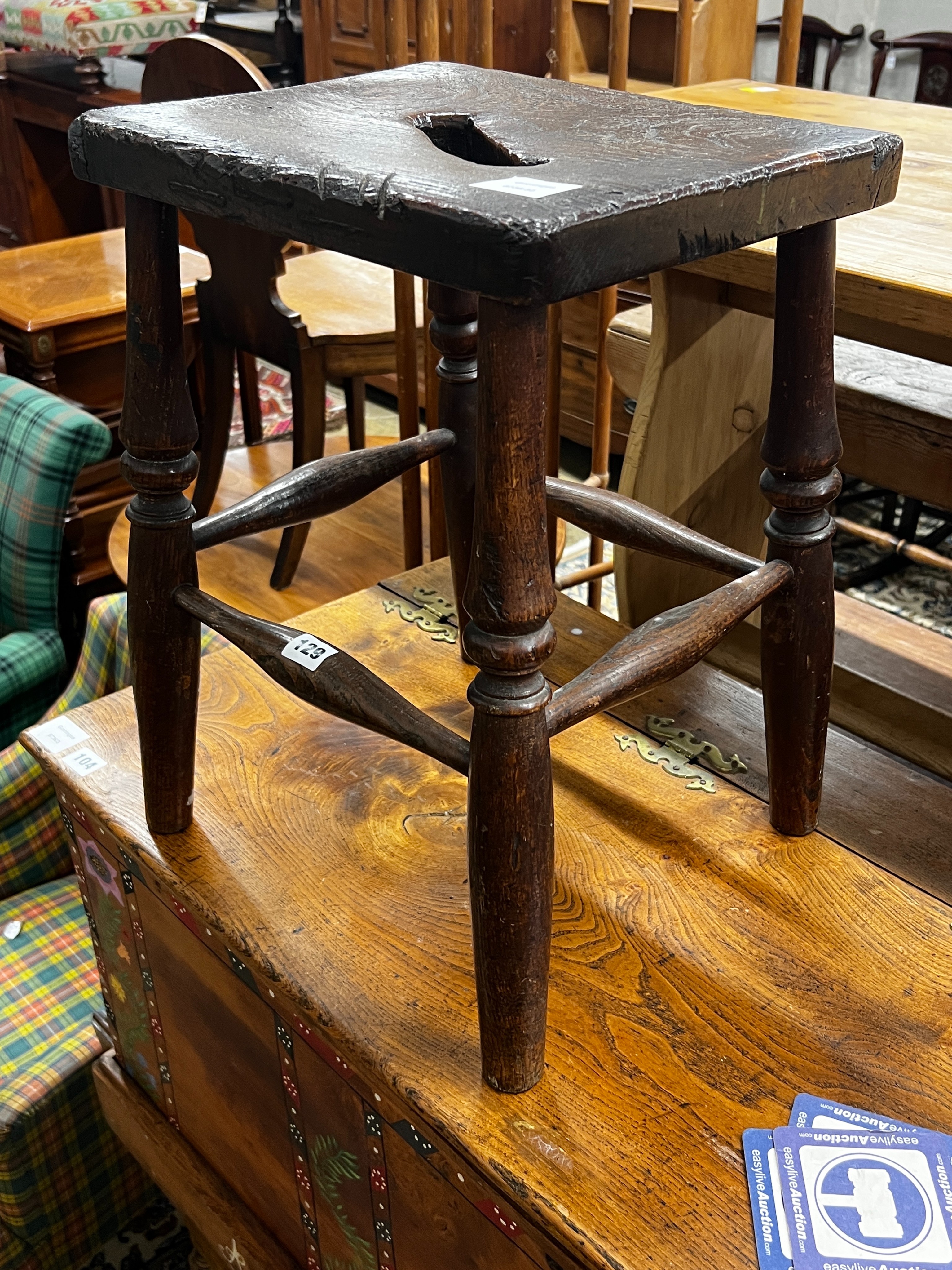 A 19th century Thames Valley provincial elm and ash stool, width 38cm, depth 30cm, height 49cm